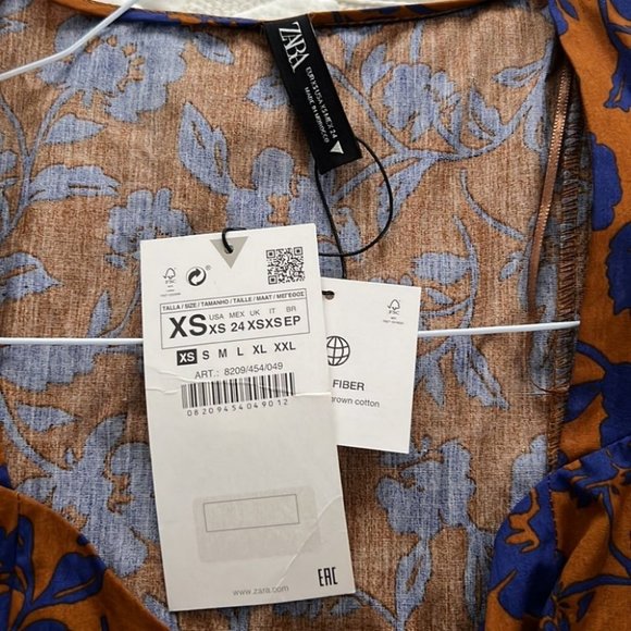 Zara Brown Blue Floral Printed Poplin Dress XS Blogger Favorite NEW with tags - Picture 7 of 9